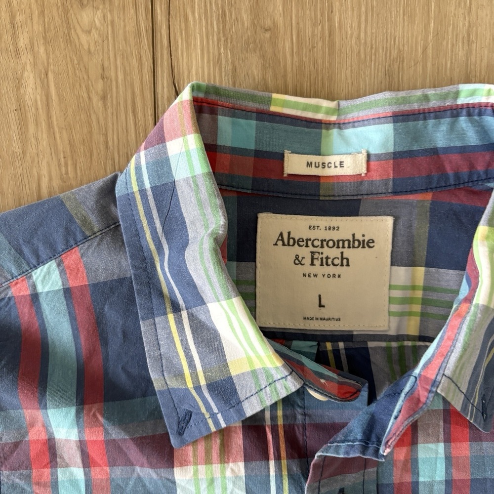 Abercrombie & Fitch Plaid Flannel Shirt Men's Large Blue Green Muscle Fit - Picture 4 of 8
